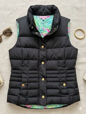 Lilly Pulitzer Black Down Puffer Vest with Tropical Lining  NWOT